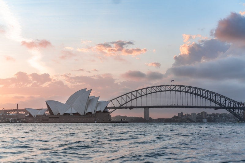 Sydney Harbour Bridge and Opera House at sunset